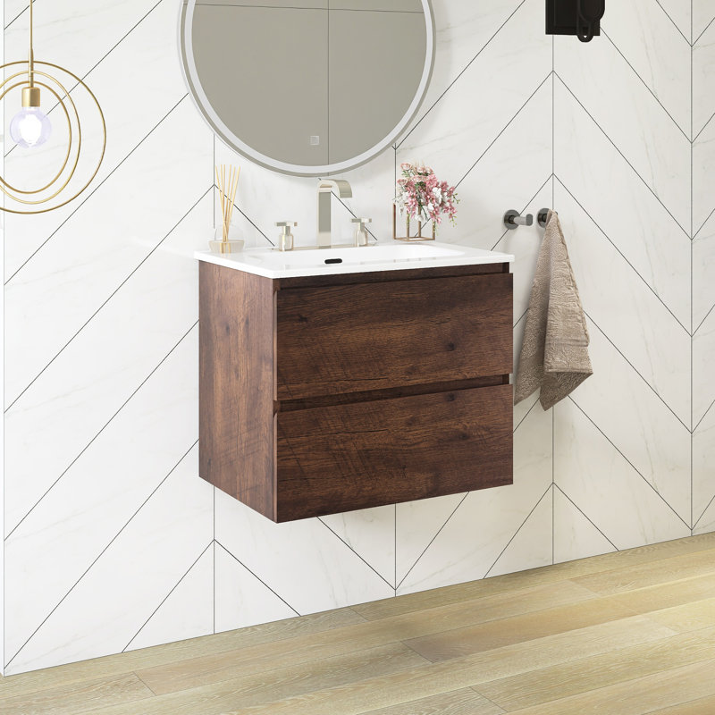 Meuble-lavabo mural 24 po avec comptoir en céramique blanche, Noyer