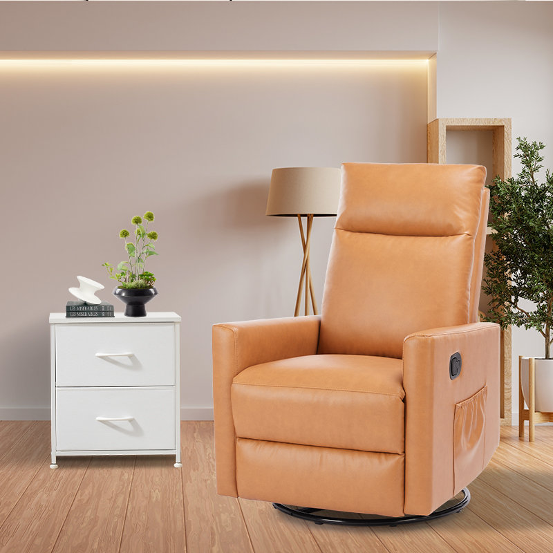 Light Brown Swivel & Smooth Gliding Rocker Recliner Sofa and 2-Drawer White Nightstand