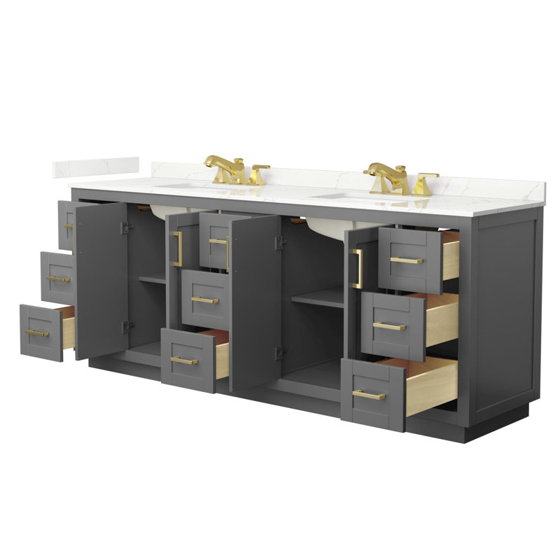 Miranda 84" Freestanding Double Bathroom Vanity with Quartz Top, Giotto Quartz, Dark Gray, Brushed Gold