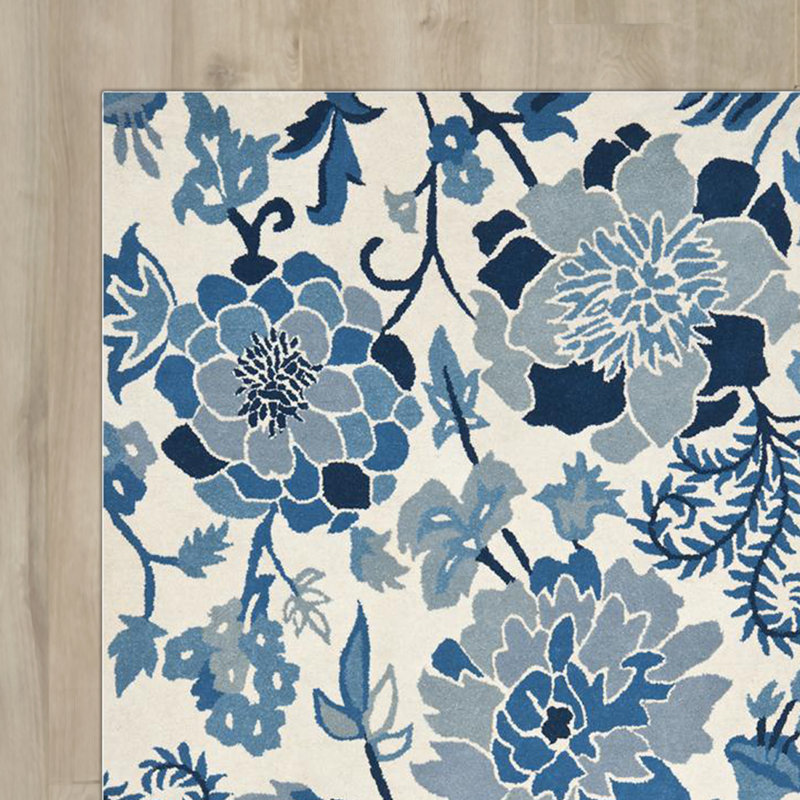 Tapis azurite / crème / noir en laine / coton touffeté à la main à motif floral Coreatha, Tapis de couloir 2 pi 3 po x 8 pi