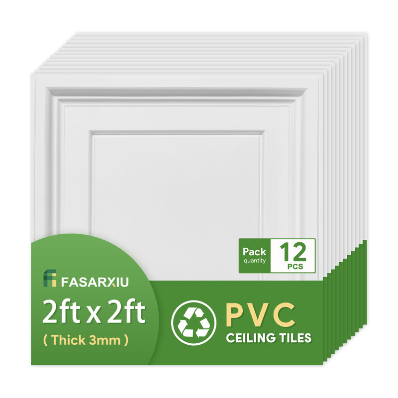 Fasarxiu 12Pcs 2 Ft. X 2 Ft. Pvc Square Ceiling Tile - Extra Thick, Waterproof, Fire-Rated, Reusable (48 Sq. Ft. / Case)