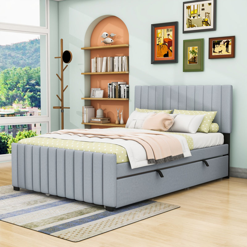 Lit plateforme double en velours avec lit gigogne, gris