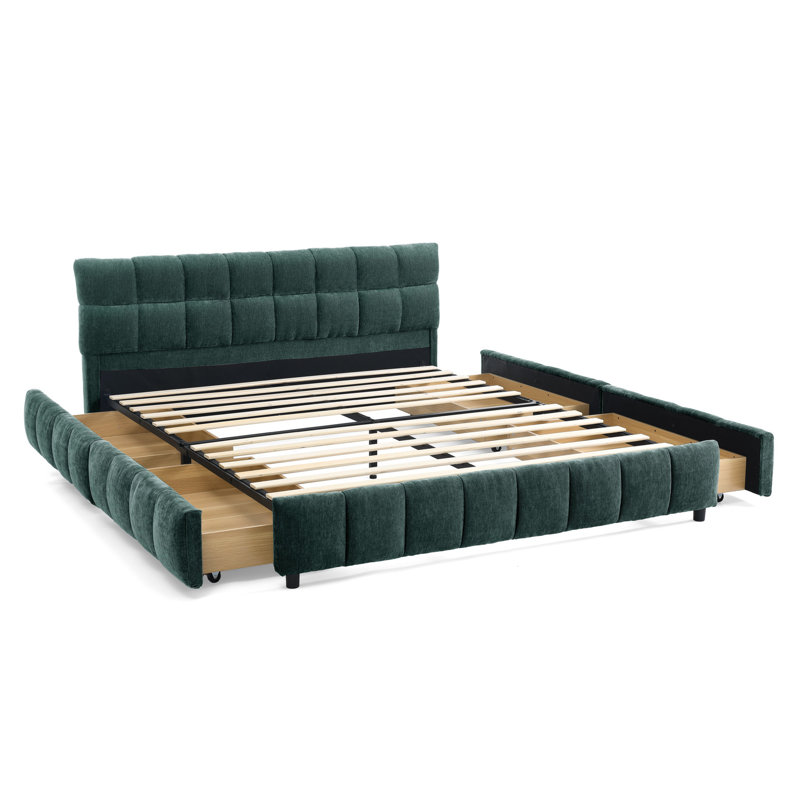 Grand lit confortable avec tiroir - tête de lit tapissier avec rangement bleu et moderne, Bleu / Vert