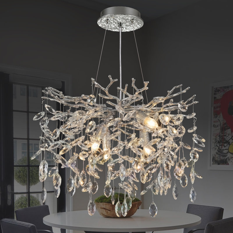 Abe 18" 6 - Light Dimmable Modern Tree Branch Crystal Chandelier For Dining Room, Silver