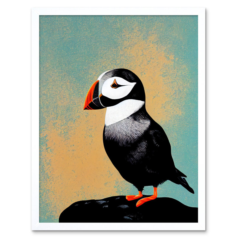 Cute Puffin Bird Rock Modern Illustration - Rectangle Print, White Framed Unframed, 25.9cm H x 20.6cm W x 1.5cm D