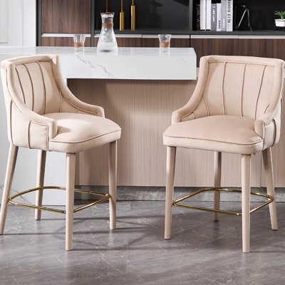 Tabouret de comptoir rembourré de style rétro avec dossier en velours avec repose-pieds en métal, avec pieds en bois massif, tabouret de bar à hauteur de comptoir pour îlot de cuisine, café.