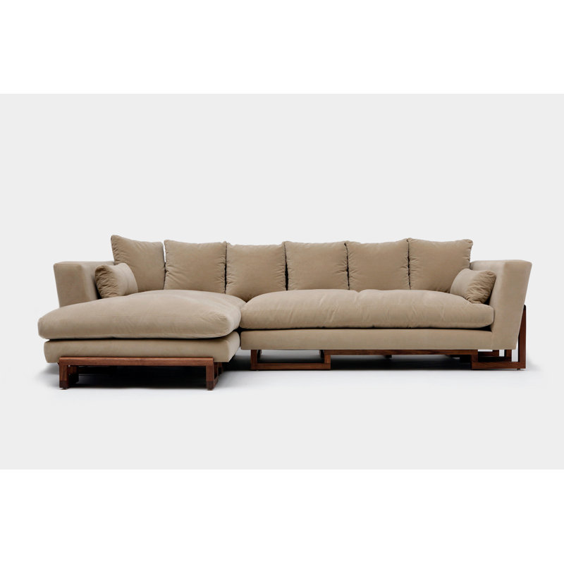 LRG Upholstered L-Shaped Sectional Left Hand Facing, Taupe, Back Side Tray, Solid Walnut