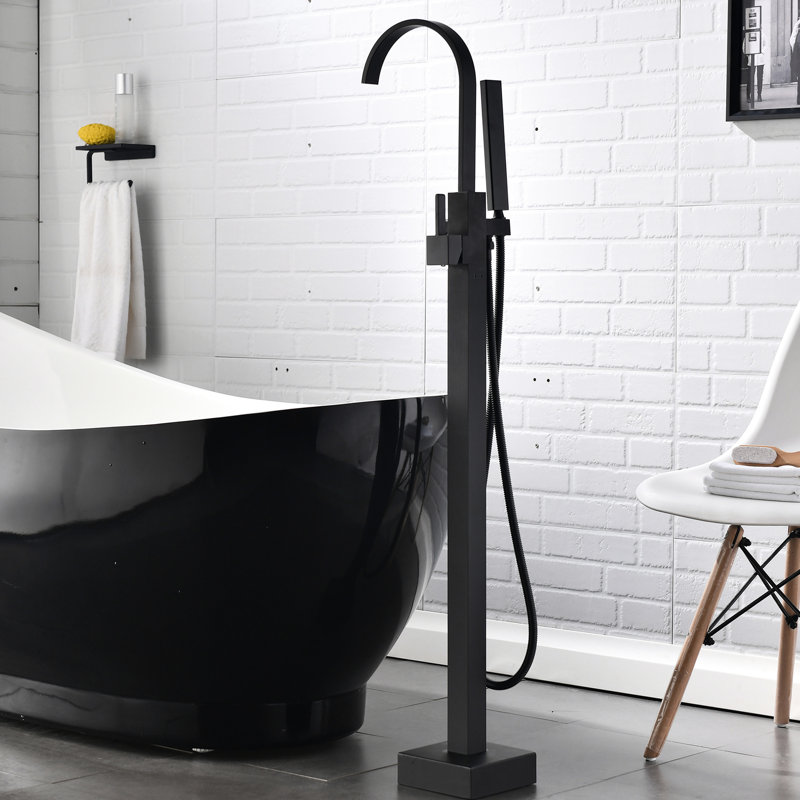 Robinet de baignoire fixé au sol avec douche à main - Monture remplie en céramique de style noir mat