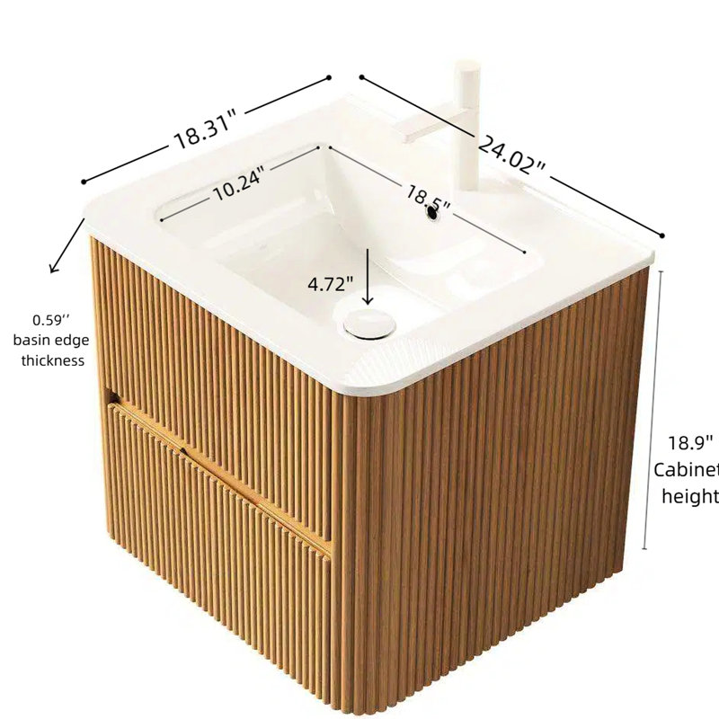 Meuble-lavabo mural de 61 cm (24 po) avec armoire en contreplaqué, 2 tiroirs, lavabo en céramique blanche brillante, finition naturelle, fermeture douce et silencieuse, design d'angle arrondi, lavabo flottant rayé, tiroirs lisses