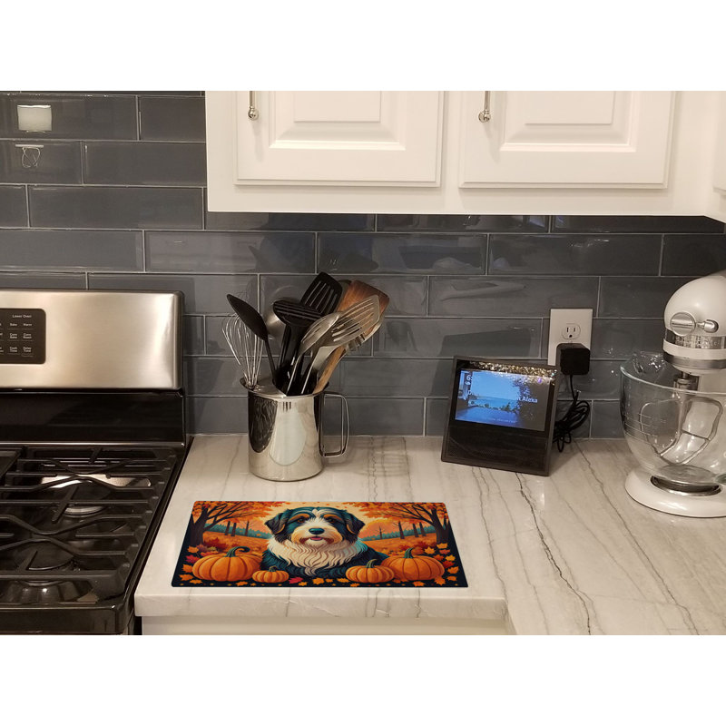 Bearded Collie Fall Glass Cutting Board Large