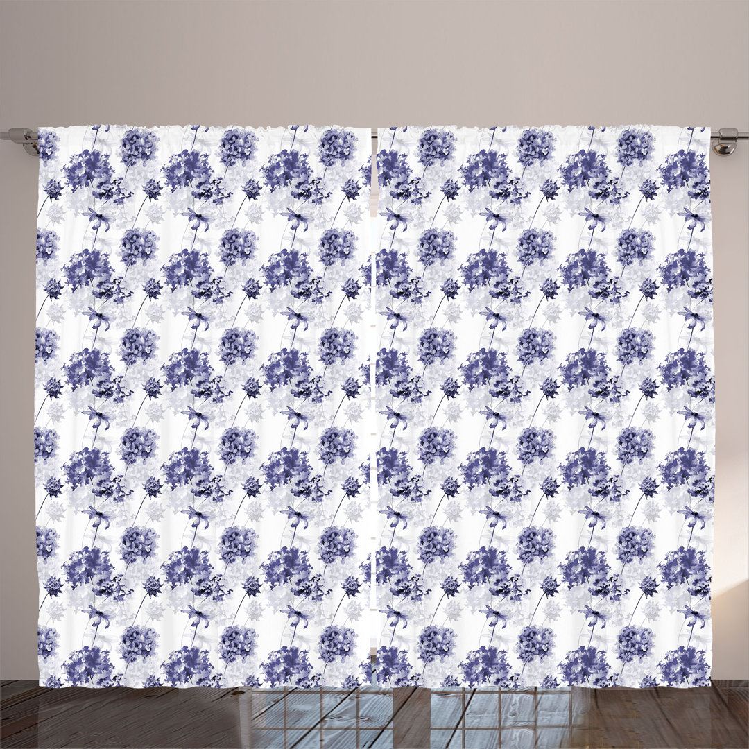 Rustic curtain, hydrangea pattern, vintage flowers, dark lavender ceil blue