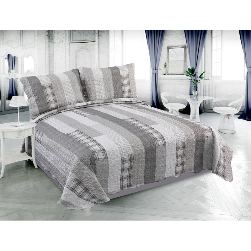 Ensemble de courtepointe en microfibre Marina, blanc, taupe, gris et argent, Courtepointe très grand et 2 très grandes taies