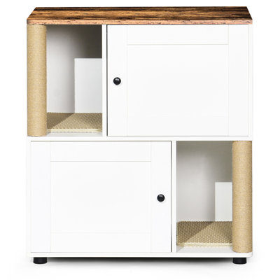 White + Vintage Double Litter Box Enclosure With Shelf, For 2 Cats, Layer Space Optimization, Fit Most Boxes, Cat Scratching Post Built-In, Leakage Pr
