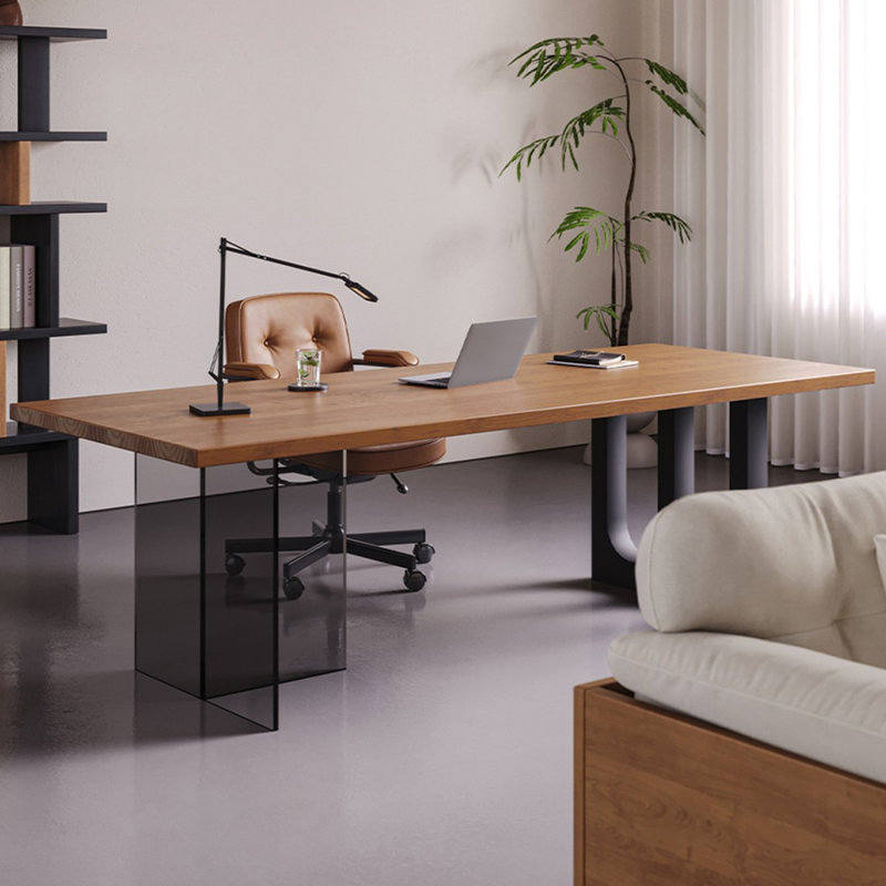 Bureau rectangulaire brun et noir en bois massif, fer et acrylique, H 29,53 po x l 62,99 po x P 31,5 po