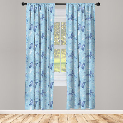 Butterfly 2 Panel Curtain Set, Blue Color With Dragonflies Floral Arrangement Swirls Curves Spring, Lightweight Window Treatment Living Room Bedroom D -  East Urban Home, 31B49FB2170844109C8F86CA2176E1B3