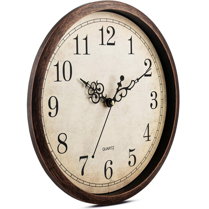 Horloge murale rétro brune silencieuse de qualité quartz de 12 pouces fonctionnant à piles et ronde facile à lire