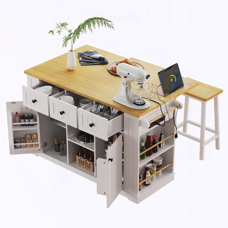 Grand îlot de cuisine avec abattant, prise de courant et support de rangement interne pour porte, White