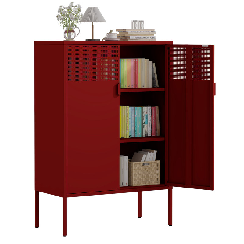 Metal Storage Cabinet,2 Door TV Stand, Metal Mesh Accent Cabinet,Magnetic Door Closure,Low Storage Cabinets with Doors and Shelf for Home,Office,Living Room