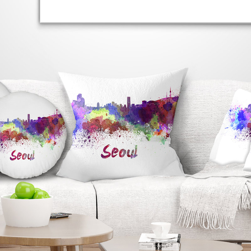 Séoul Skyline - oreiller imprimé paysage urbain, 18 po x 18 po, Coussin décoratif