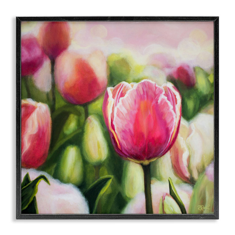 «Blooming Tulips Garden», estampe numérique par Raquel Roth, H 12 po x l 12 po, Giclée encadrée noir minuit
