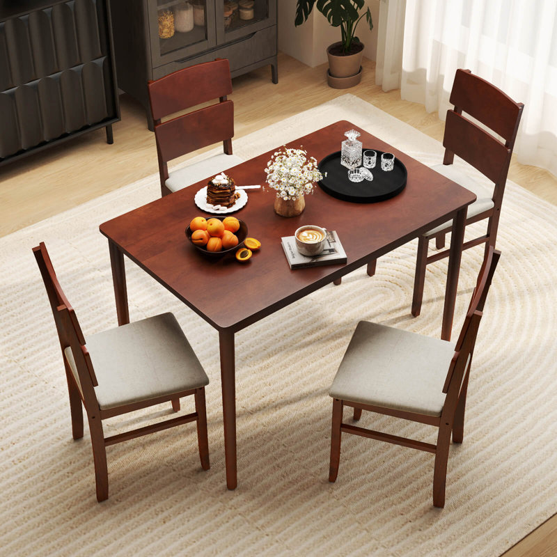 5 PCS Dining Table Set for 4 Farmhouse Wooden Table & 4 Upholstered Chairs