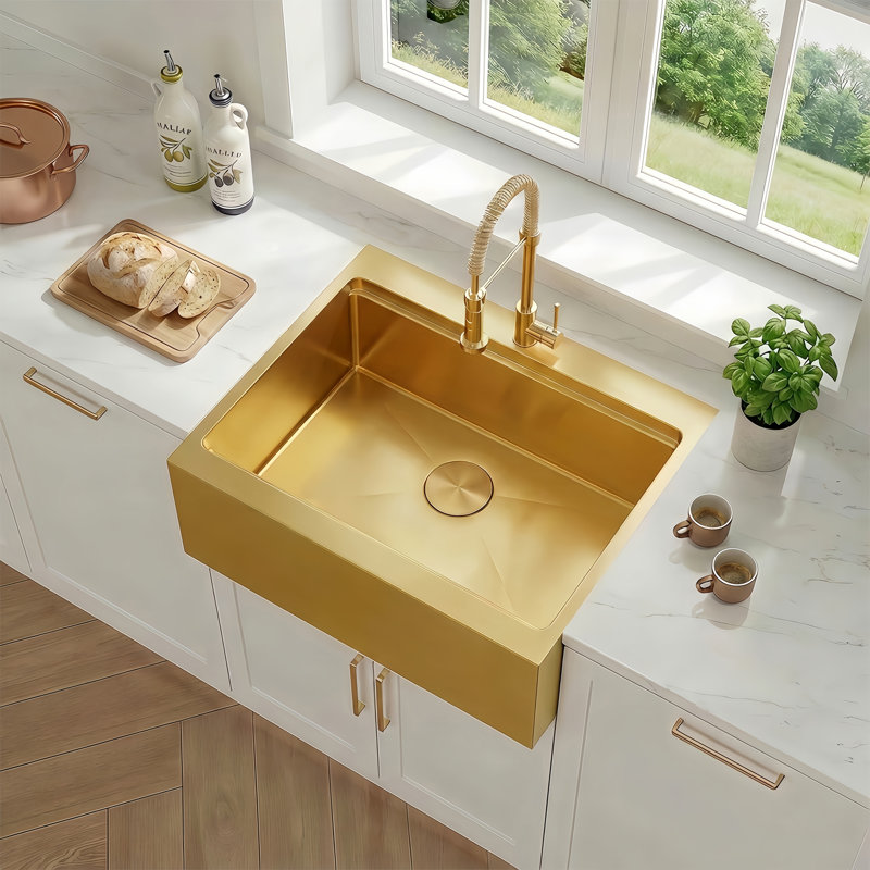26" L X 22" W Large Farmhouse Kitchen Sink Single Bowl Stainless Steel Kitchen Sink Single Basin, Gold
