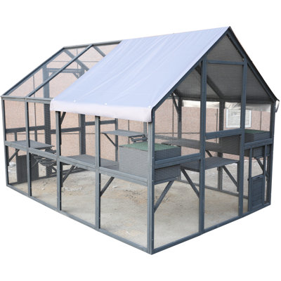 110 Inch Outdoor - Spacious Wooden Cat Enclosure With Bridges, Walks, Small Houses & Roof Run ,