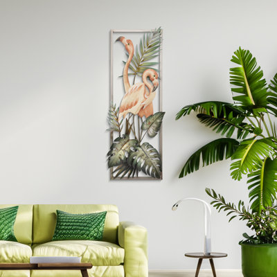 Flamingos w/Monsterra Leaves Framed (wood and SS)