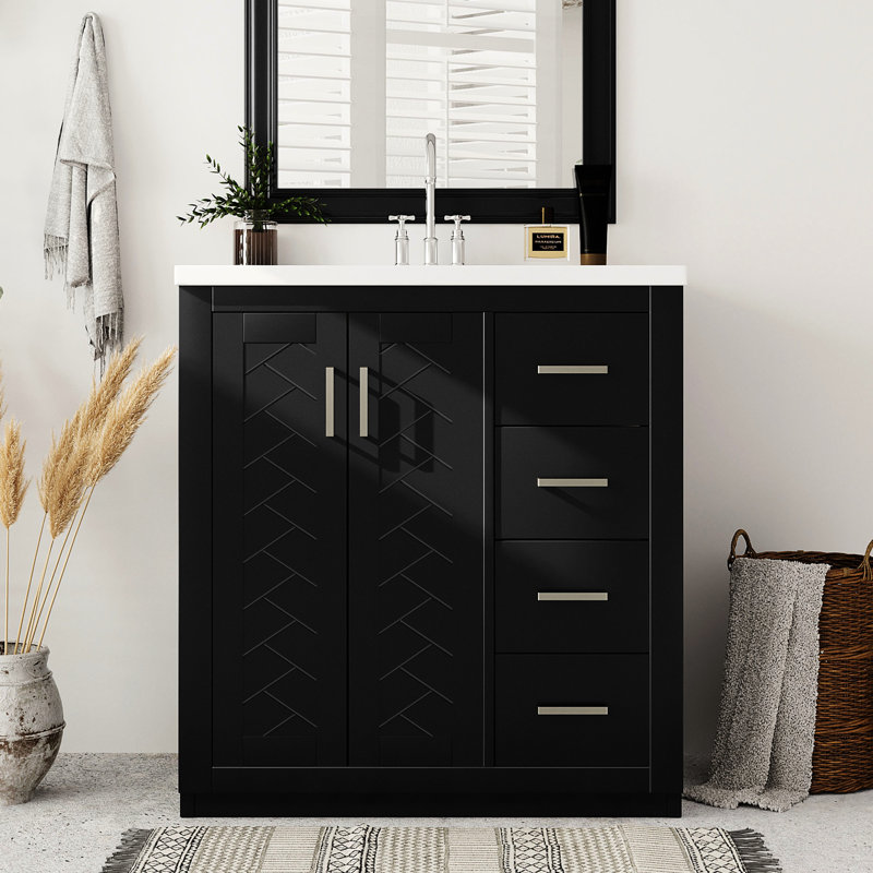 Meuble-lavabo de 30 po avec lavabo en résine - Bois massif robuste, grande capacité de rangement pour panneaux noirs de style rétro