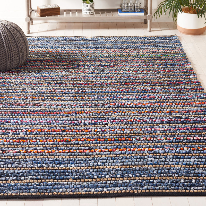 Tapis rayé en jute de coton tissé à la main 0,7 po Deshong, Rectangle 5 pi x 8 pi