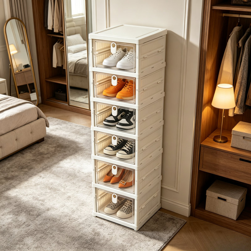 Meuble à chaussures pliable à 6 niveaux, organisateur de chaussures en plastique transparent avec porte avant, boîte de rangement à chaussures empilable pour entrée, placard