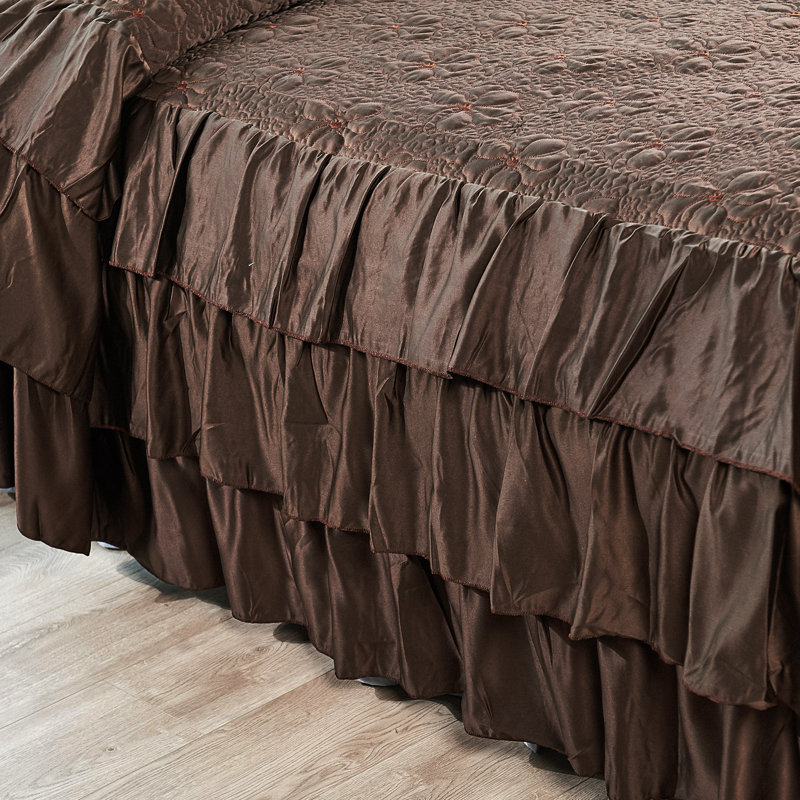 4 Piece Ruffle Matte Satin Bedspread Set, King Coverlet + 2 King Shams + Throw Pillow, Chocolate