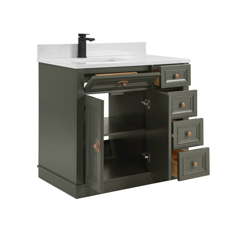 36" Solid Wood Sink Vanity  With 1' Artificial Stone Top, Pewter Green, Rose Gold