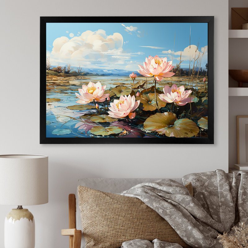 «By The Lake Lotus», impression sur toile, White Picture Framed, 30" H x 40" W