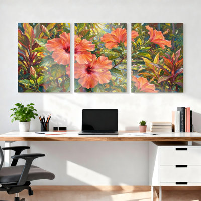 Ensemble de 3 tableaux muraux tropicaux à motifs floraux d'hibiscus, sur toile tendue, pour la décoration du salon, de la chambre ou du bureau.