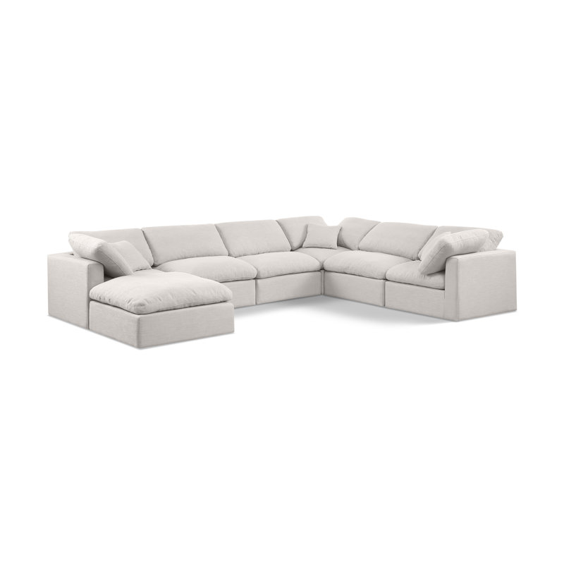 Hinami Upholstered U-Shaped Sectional Reversible, Cream Linen Textured Fabric