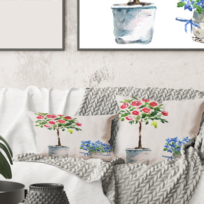 Plantes d'intérieur carrées, bleues et rouges - Coussin décoratif à imprimé traditionnel