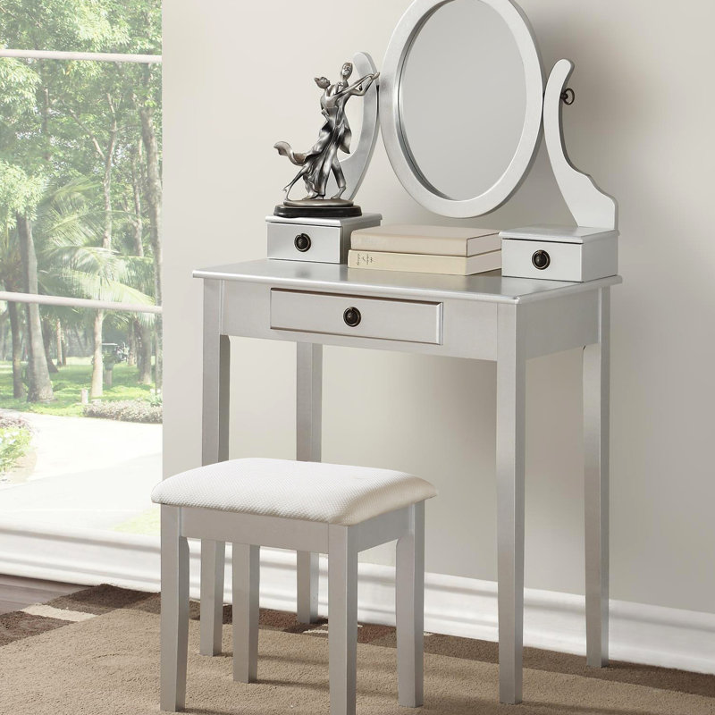 Silver Vanity Table And Stool - Wood Construction, 3 Storage Drawers, Mirror Adjustable For Makeup Modern With Stool, Drawer Storage, Cosmetics Oval