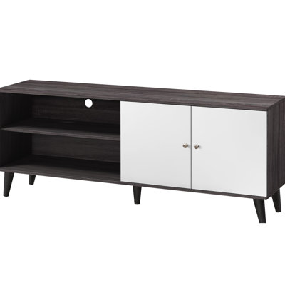 Meuble télé avec 2 tablettes et 1 armoire en gris foncé et blanc, adapté aux téléviseurs de 70 à 79 po et au meuble de rangement blanc du salon, jusqu'à pouces