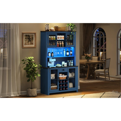 Rangement de cuisine 70,9 po bleu marine avec tablettes réglables, support à vin, verres à pied et à DEL pour armoire de salle à manger, alimentation intégrée, rangement, éclairage en verre