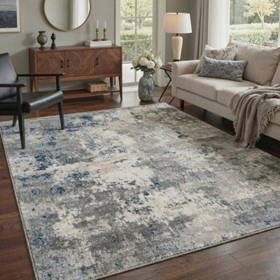 Aastha Modern Abstract Machine Washable Navy Blue/Charcoal Grey/Beige Indoor Area Rug with Non-Slip Backing