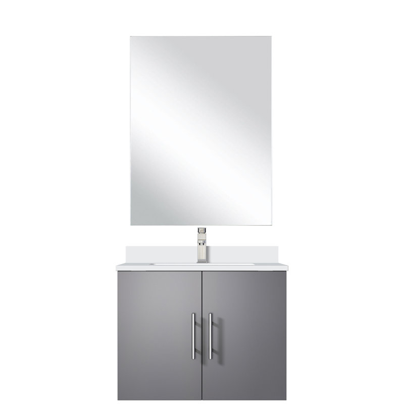 24 po L x P 22 po. Meuble-lavabo gris foncé, comptoir en quartz blanc avec robinet et surface de travail à miroir et comptoir de 18 po.