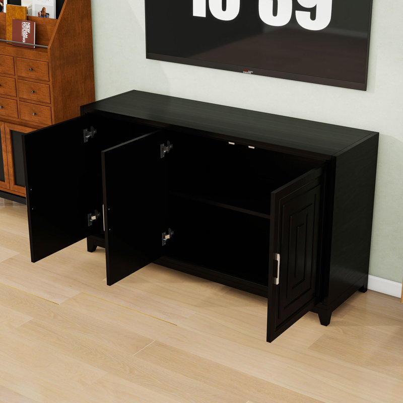 Buffet bahut avec armoires de rangement réglables, meuble télé de 65 pouces avec pieds en bois massif, Noir