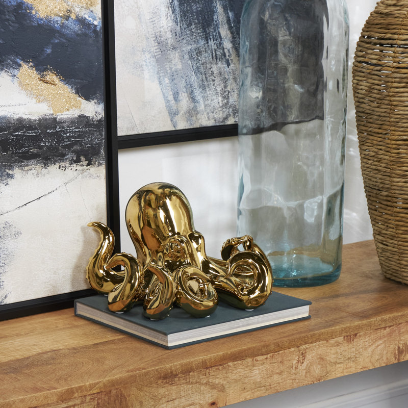 Grendon Ceramic Octopus Decorative Sculpture with Textured Tentacles, 6.65" H x 11.7" W x 11.35" D, Gold