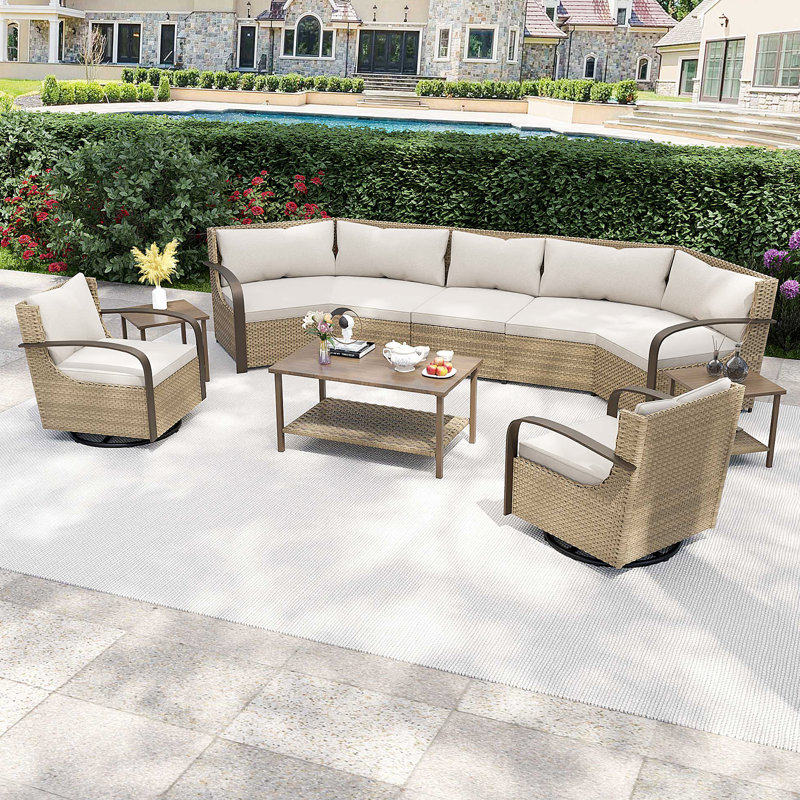 8-Piece Outdoor Sofa Set, Rattan Patio Couch Sectional PE Wicker Garden Furniture Set with 2 Side Tables,A Coffee Table ,Two Swivel Chairs and A 5-Seater Sofa for Backyard, Poolside