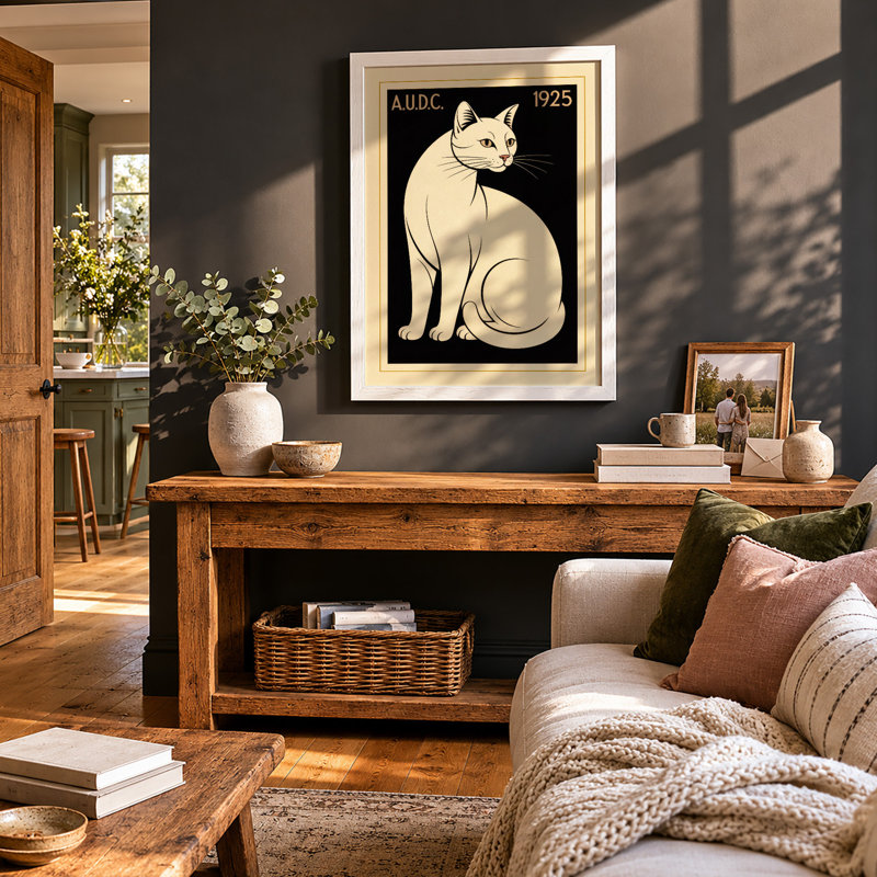 Cat Art Deco - Framed Print, A3 - 42.0 x 29.7 cm, White