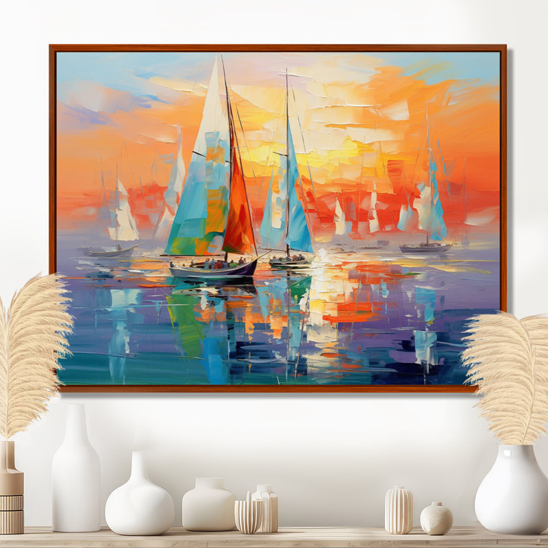 Voilier abstrait Coastal Symphony II - bateau à voile, art mural, H 30 po x l 40 po, Brown Floater Framed