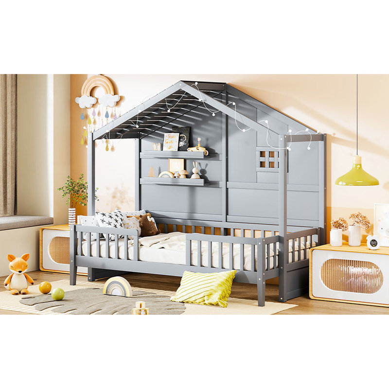 Lit simple gris avec tablettes, toit artistique pour une chambre à coucher élégante, taille gris