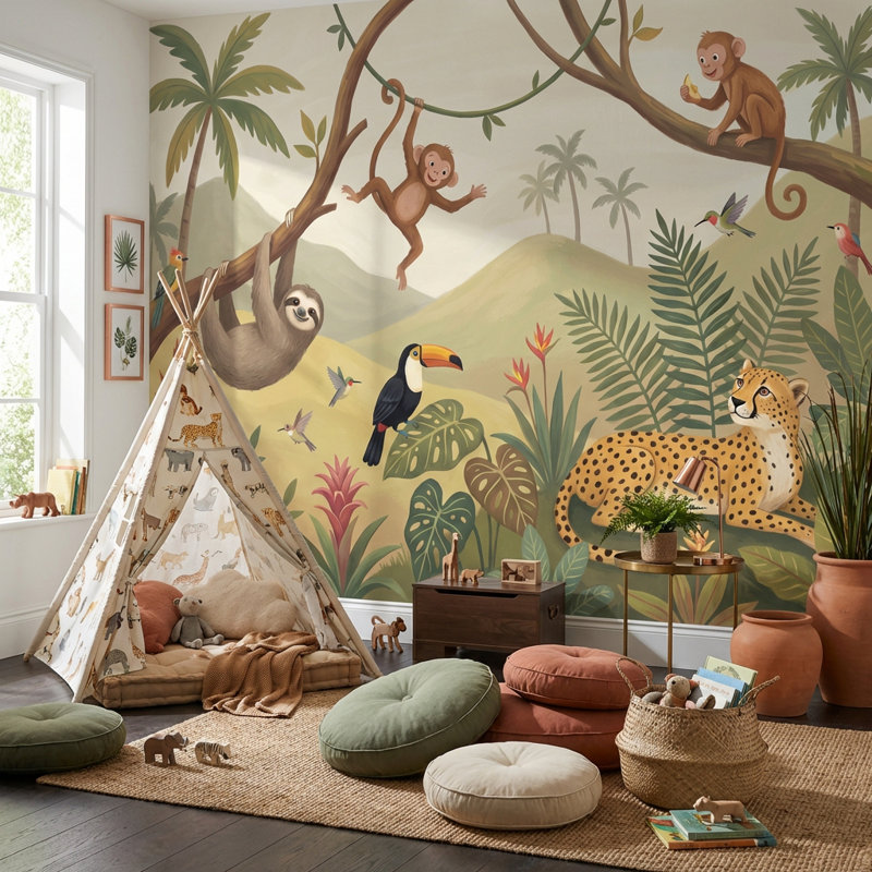 Papier peint jungle animaux tropicaux, 120" x 96", Peler et coller
