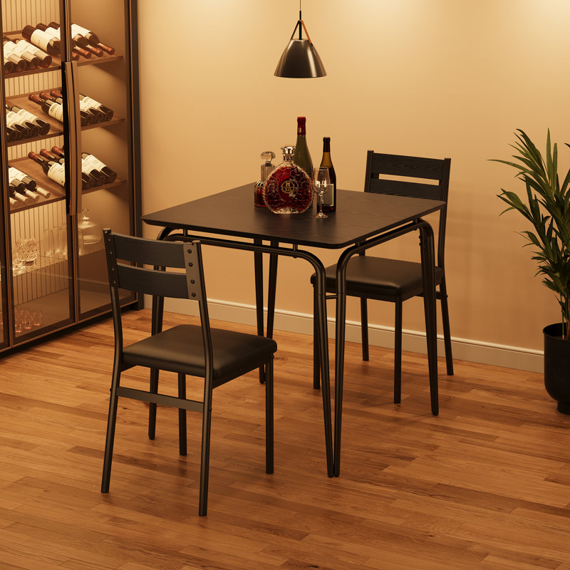 Ensemble de table et chaises de salle à manger moderne 3 pièces pour 2 personnes - Table carrée avec 2 chaises rembourrées - Mobilier gain de place pour appartement - Noir - Plateau en MDF robuste